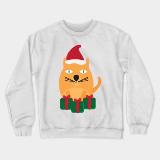 Cute Cartoon Cat with Santa Hat and Green Red Gifts Crewneck Sweatshirt